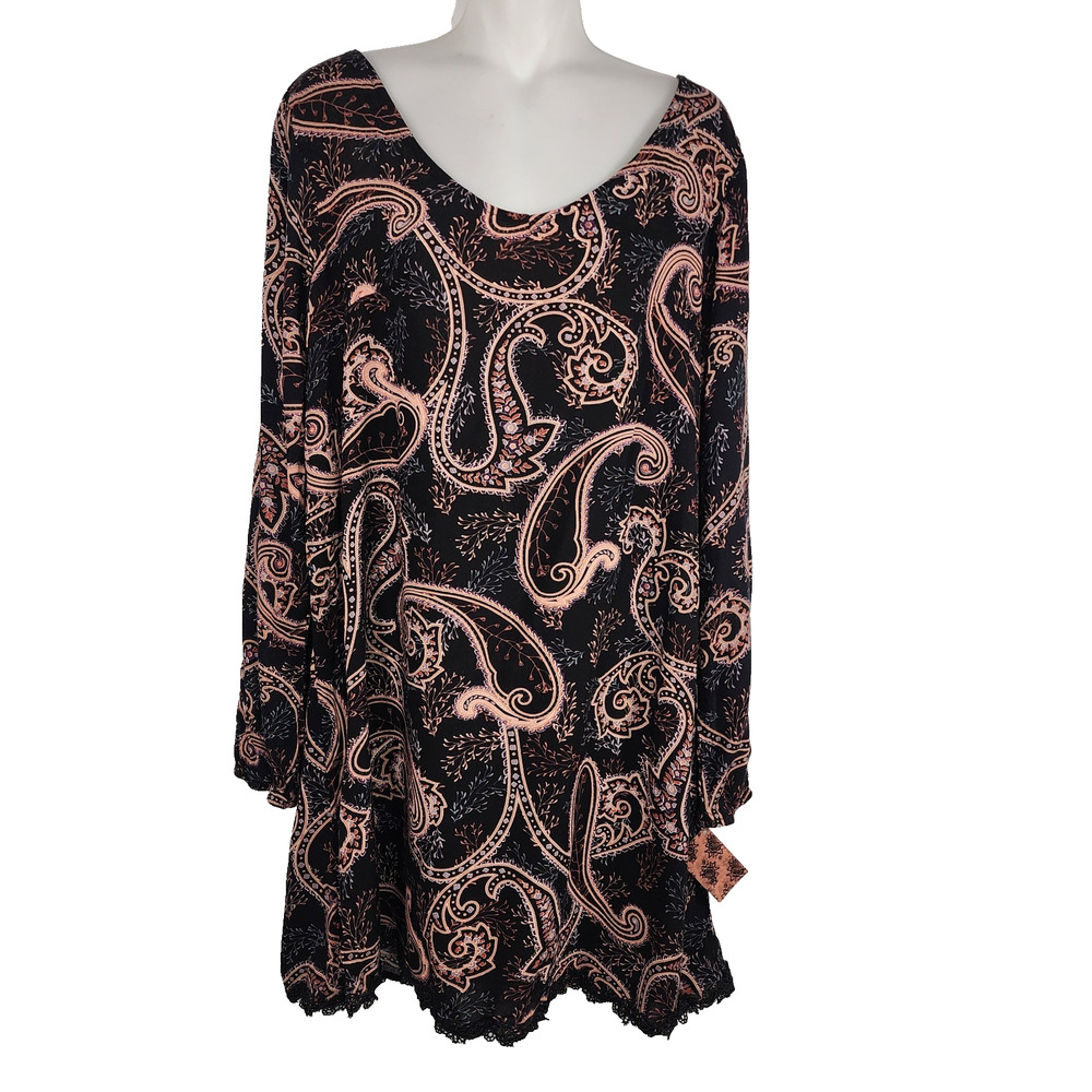 Xhilaration Women Mini Dress L Paisley Lace Hem Strappy Peekaboo Slit Long Sleev